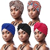 DRESHOW 5 Pack Knotted Headwraps for Women African Turban Pre-Knotted Beanie Headwraps Hair Covers