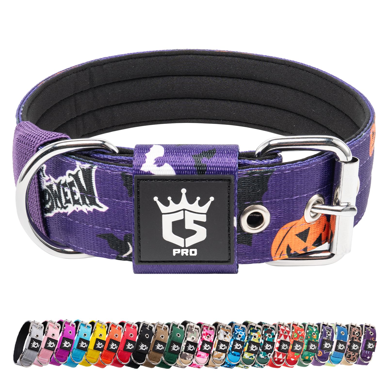 TSPRO Heavy Duty Tactical Dog Collar 1.5" Wide, Padded Dog Collar with Metal Buckle, Adjustable for Walking Training Outdoor for Medium Large Dogs (Halloween Purple, M) — image 1