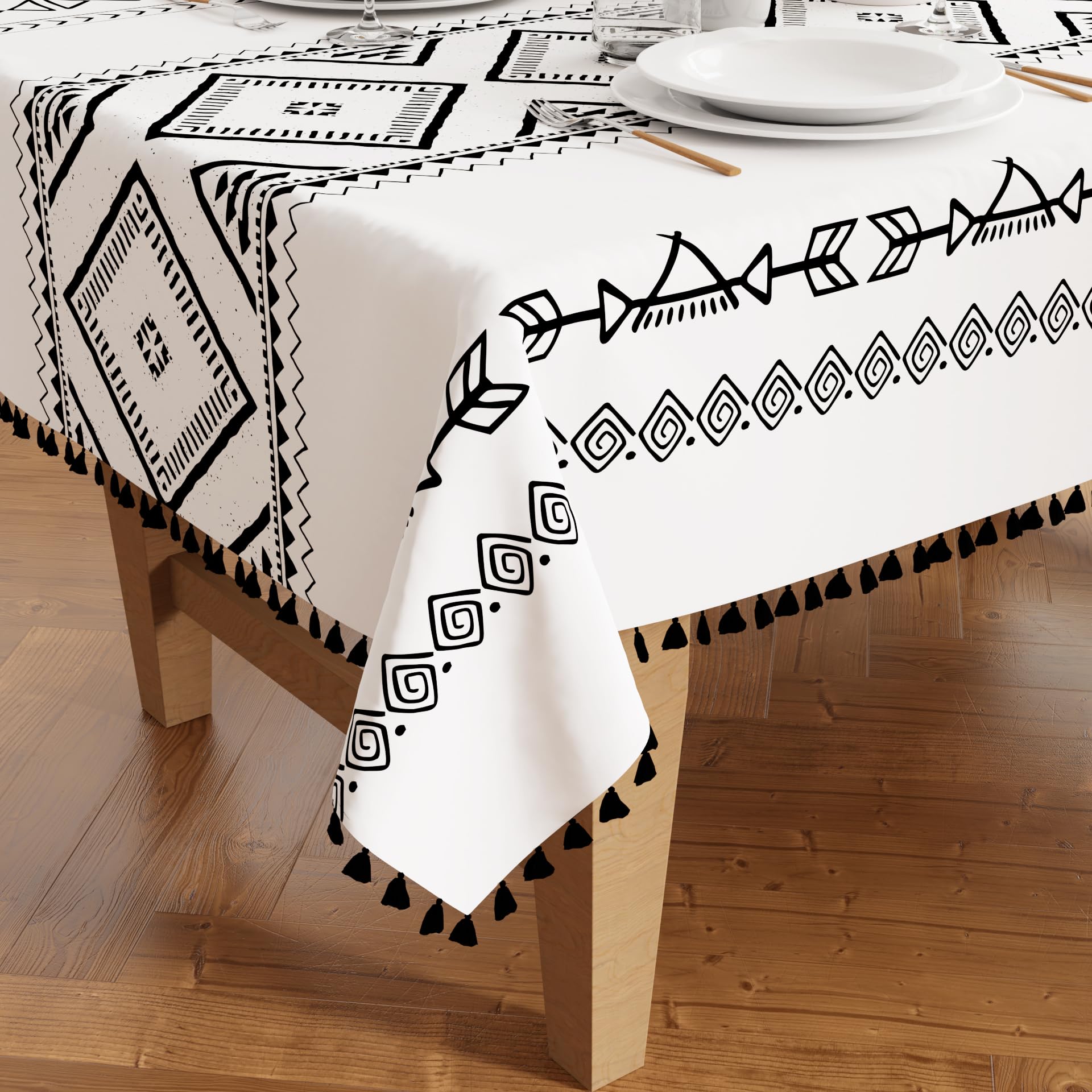 Encasa XO Silky Polyester Table Cloth For 4 Seater Table | Printed Boho Panel Design With Tassels | Use Kitchen Dining, Festivals, Indoor & Outdoor Parties With Size 140x140 cm — image 1