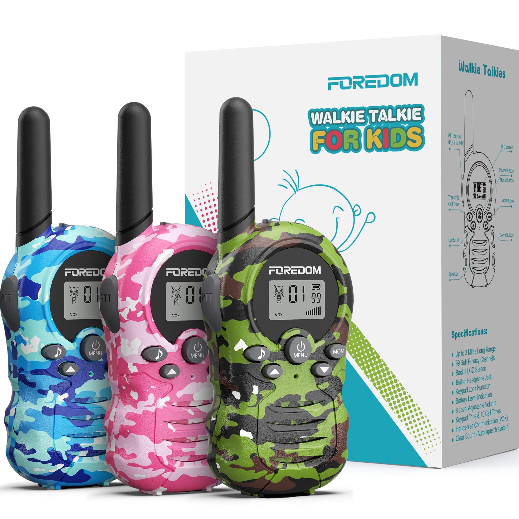 FOREDOM Walkie Talkies for Kids Walkie Talkies Long Range for Boys & Girls Age 3 to 12 Year Old Birthday Cool Army Toys - 3 Pack