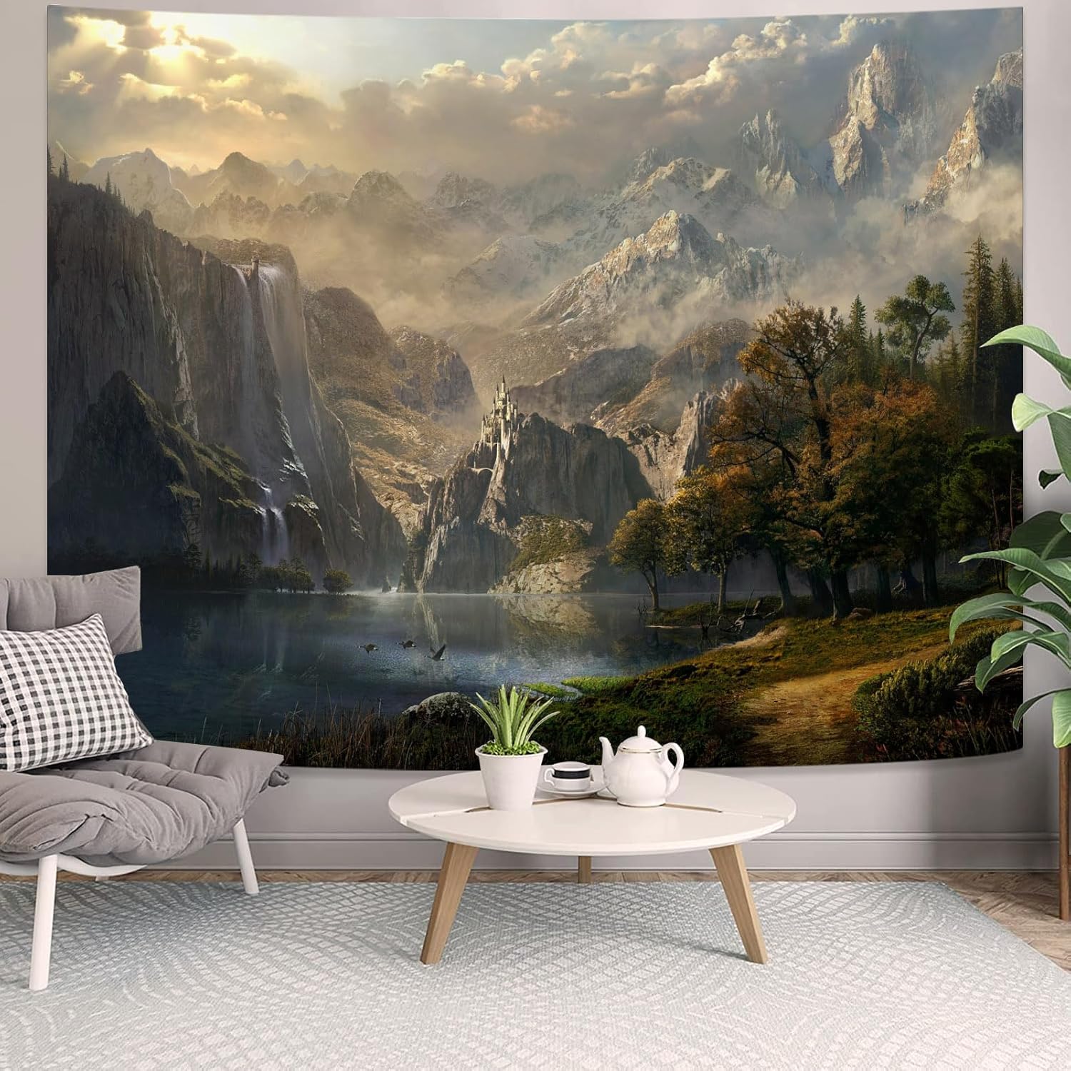 Tapestries - kampdream Fantasy World Tapestry, Mountain Forest Lake Landscape Tapestries, Wilderness Sunshine Nature Waterfall Tapestry for Bedroom Living Room Warm 60×80 inch
