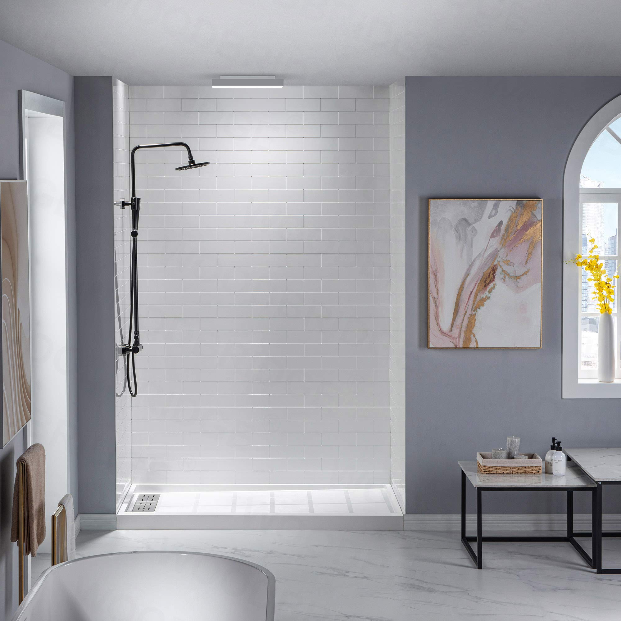 Photo 1 of WOODBRIDGE Solid Surface 60" W x 96" H Tile Tub and Shower Wall Panel Surround, Quick Install, Cuttable, Staggered Brick Pattern, High Gloss White Finish
