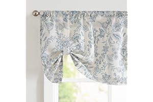 Lazzzy Kitchen Tie Up Valance Curtain Linen Floral Farmhouse Valance for Living Room Bathroom Bedroom Country Valances Window Treatments Small Cafe Curtian 20 Inch Rod Pocket 1 Panel Blue on Beige