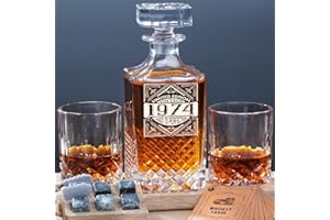PONPUR 50th Birthday Gifts For Men Dad, 1974 Laser Whiskey Decanter Set with Gift Box, Anniversary Birthday Gift Ideas for Him Husband, 50 Years Bday Decorations, Whiskey Glasses & Whisky Stones Inc.