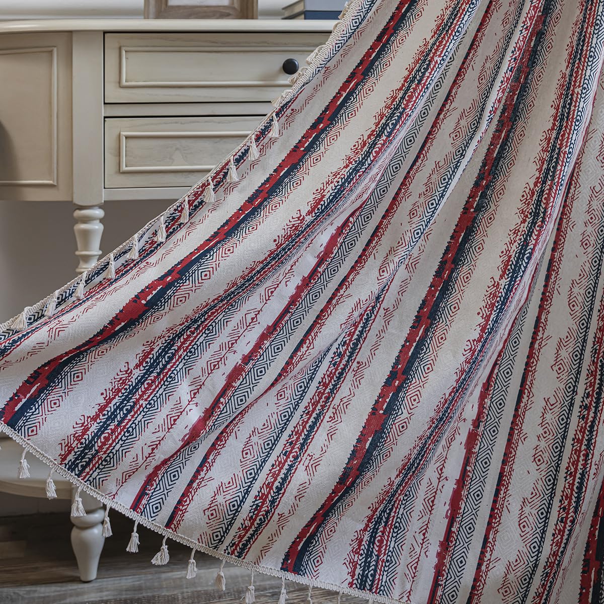 USTIDE Rustic Striped Curtain Rod Pocket Light Reducing Ethnic Geometric Curtain with Lace Tassels Decor, 59"×86", 1 Panel