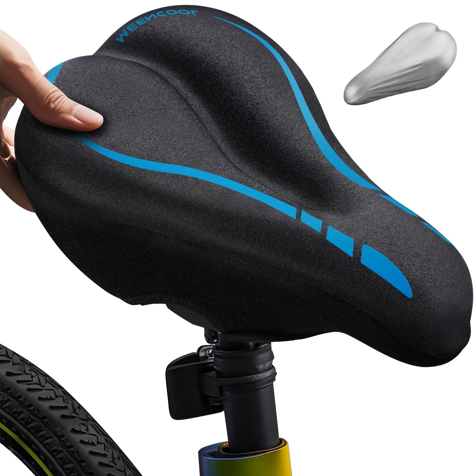 Meencool Bike Seat Cover, Bike Seat Cushion for Men & Women, Gel Padded Bicycle Seat Cover for Indoor & Outdoor Bike Seat with Adjustable Velcro Secure(11"x7"，Blue)
