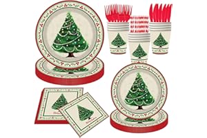 TEELORAY 168 Pcs Christmas Paper Plates and Napkins Vintage Xmas Tree Disposable Dinnerware Set Christmas Party Decorations Winter Holiday Party Supplies for Xmas Wedding Birthday Baby Shower, Serves 24