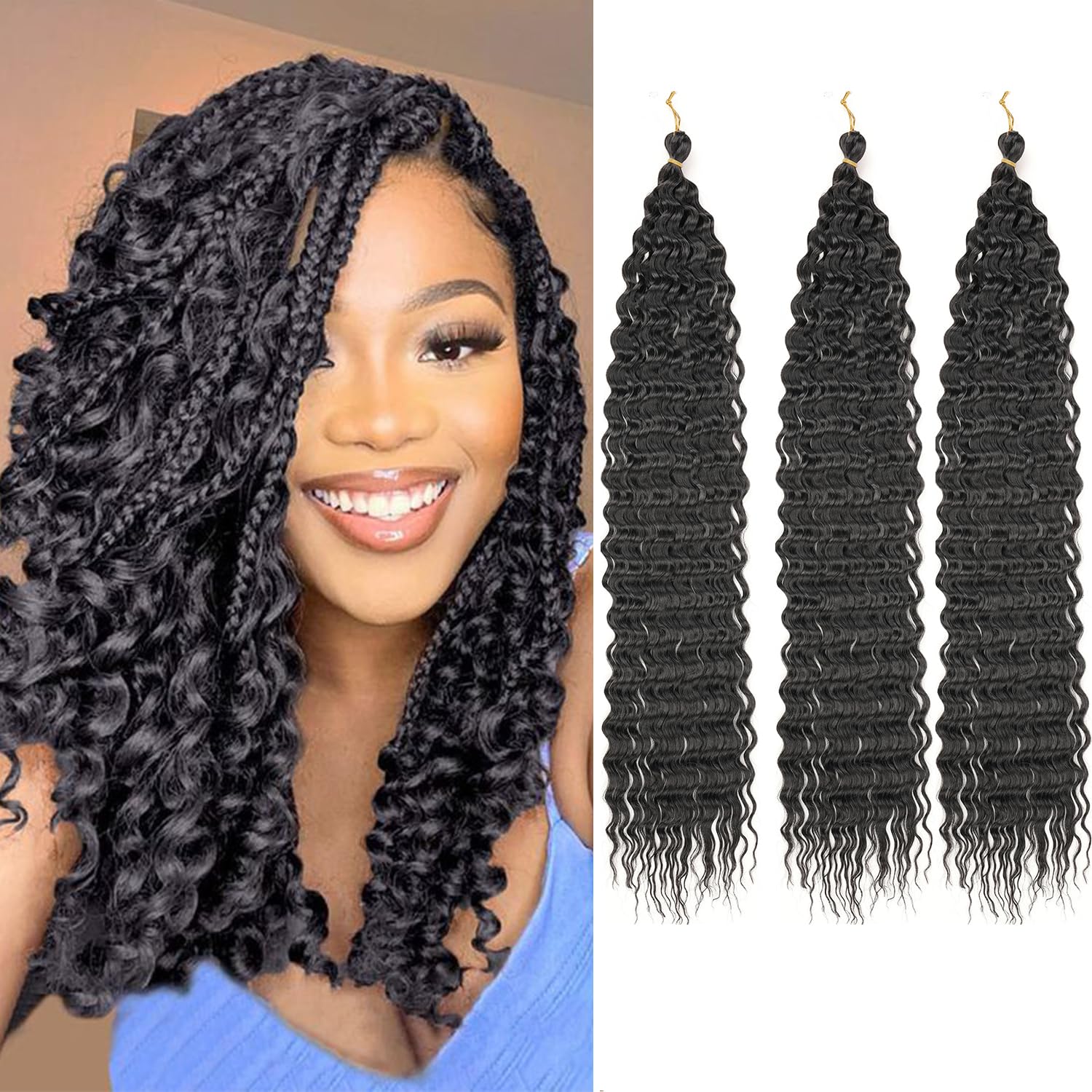 Mscat Ocean Wave Crochet Hair 14 Inch 3 Packs Deep Wave Curly Braiding Hair Extensions Synthetic Curly Crochet Hair For Women #1B