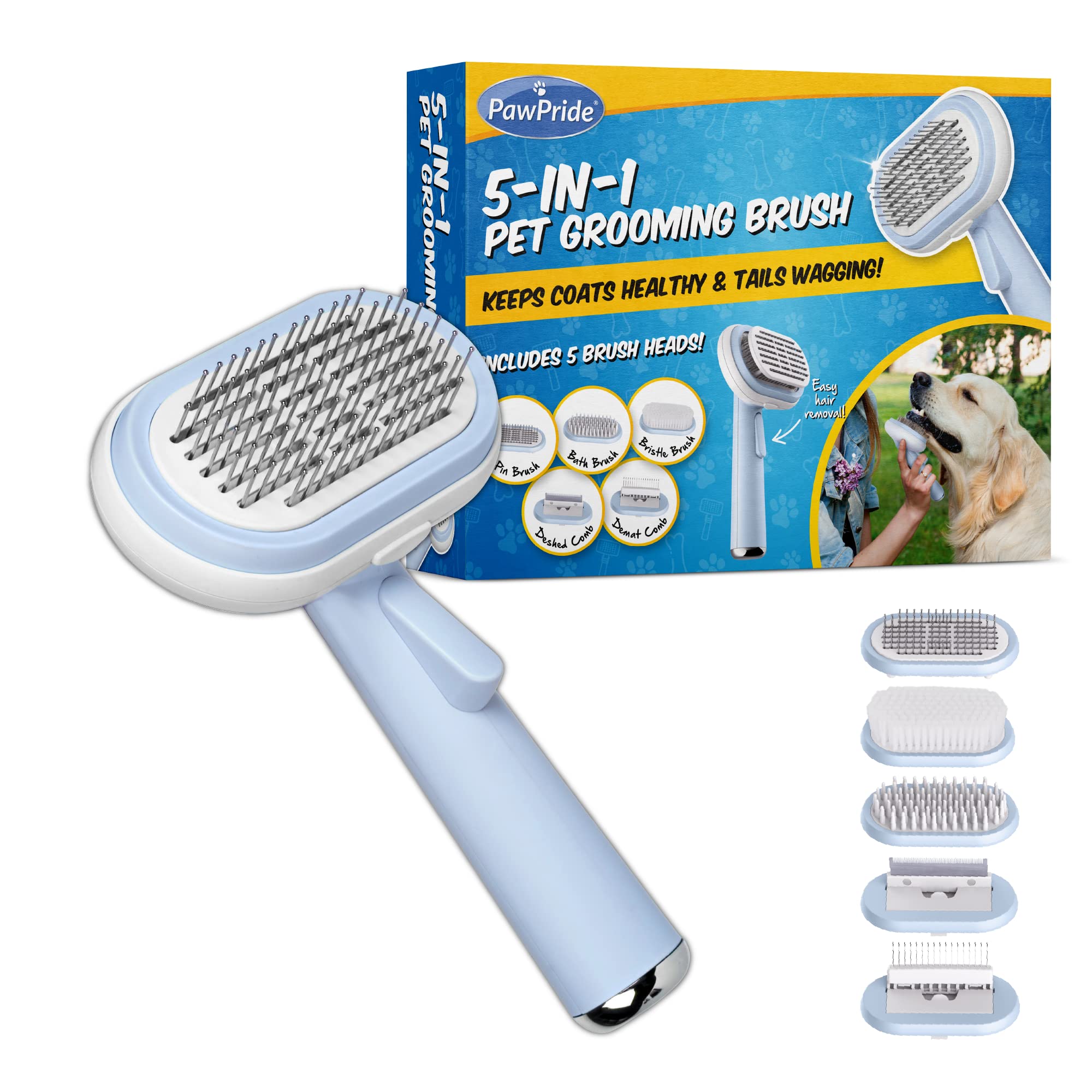 PawPride 5in1 Pet Grooming Brush for Dogs and Cats, Use For Brushing, Grooming, Bathing and De-Shedding, with Self-Cleaning Technology, Works on Short and Long Hair