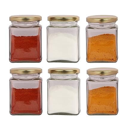 The Retailer House Pure Source India 150 Gram Glass Jar Square Shape ,With Metal Golden Color Cap Rust Proof Air Tight , (Set Of 6 Pcs)
