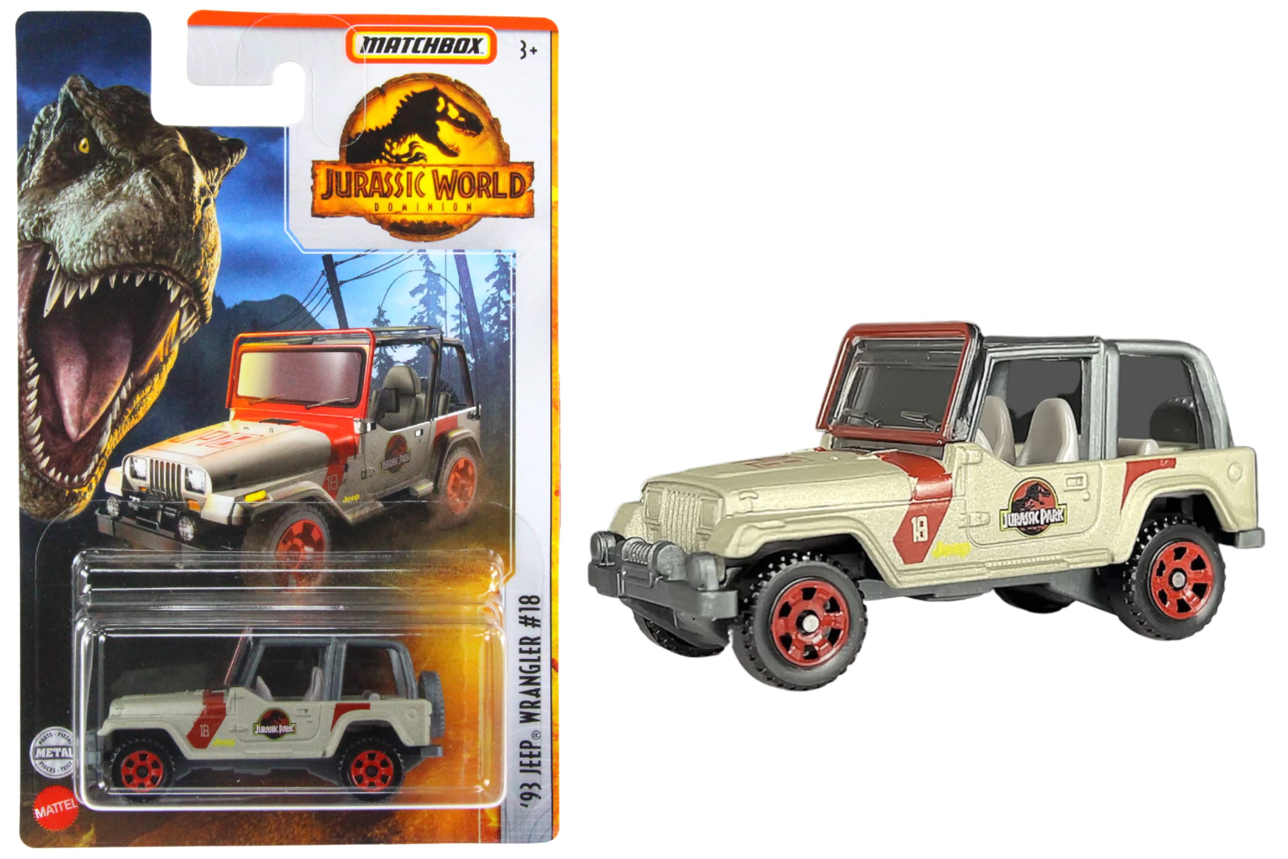 Matchbox Jurassic World Dominion FMW90 Diecast 1:64 Scale Diecast Model Vehicle - 1993 Wrangler #18 HBH01