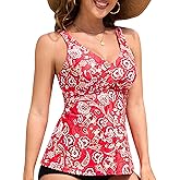 ANFILIA Womens Tankini Top Twist V Neck Bathing Suit Top Flowy Padded Swimsuit Top Swim Tank Top Only