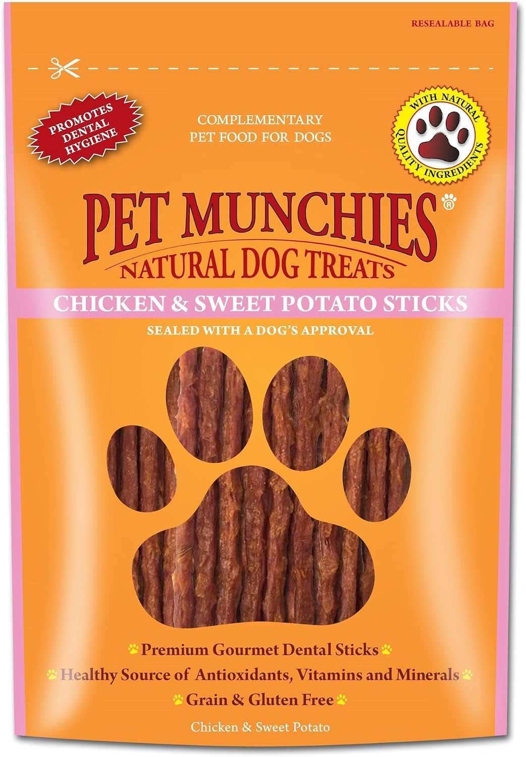 Pet Munchies Chicken and Sweet Potato Dog Treats, Healthy Grain Free Dental Sticks with Natural Real Meat 90g (Pack of 8)