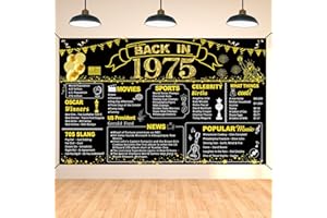DARUNAXY 50th Birthday Black Gold Party Decoration, Back in 1975 Banner 50 Year Old Birthday Party Poster Supplies Vintage 1975 Backdrop Photography Background for Men & Women 50th Class Reunion Decor