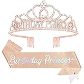 CAVETEE Princess Crowns and Sashes for Girls & Women - Birthday Party Decorations Set