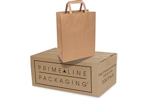 Prime Line Packaging Brown Paper Bags, Kraft Tote Bags with Handles for Food, Grocery, Takeout, Delivery, Shopping Tote, Business, Bulk, 10x5x13, 100 Pack