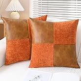 CaliTime Throw Pillow Covers Decorative 18 X 18 Inches Pack of 2 Cozy Chenille Faux Leather Splicing Cushion Cases for Couch Sofa Bed Living Room Home Burnt Orange