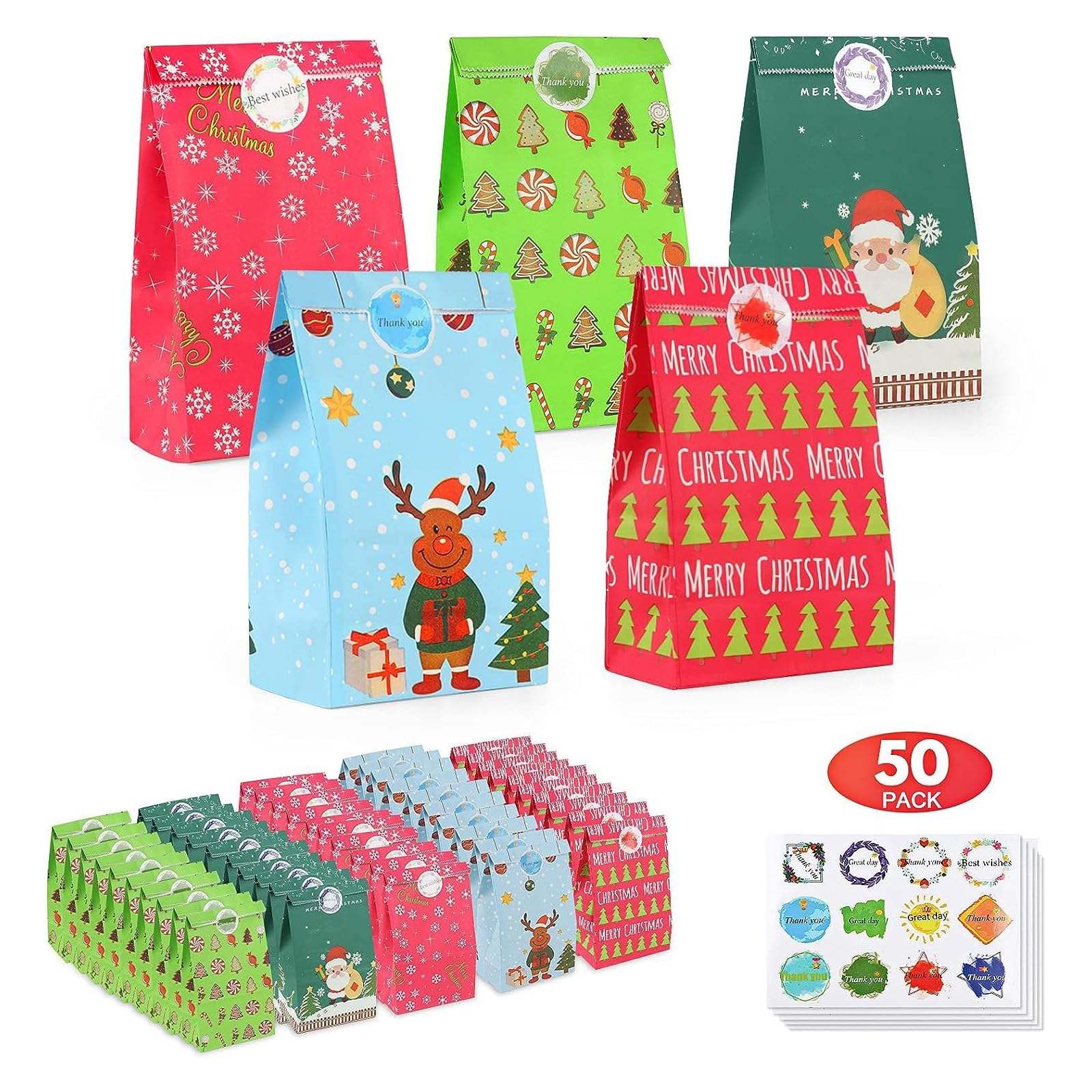 50 Pack Gift Bags Christmas, TOOELMON Kraft Treat Goody Bags Multipack with 60 PCS Stickers Small Gift Bag for Classrooms, Party Favors and Birthdays (Christmas)