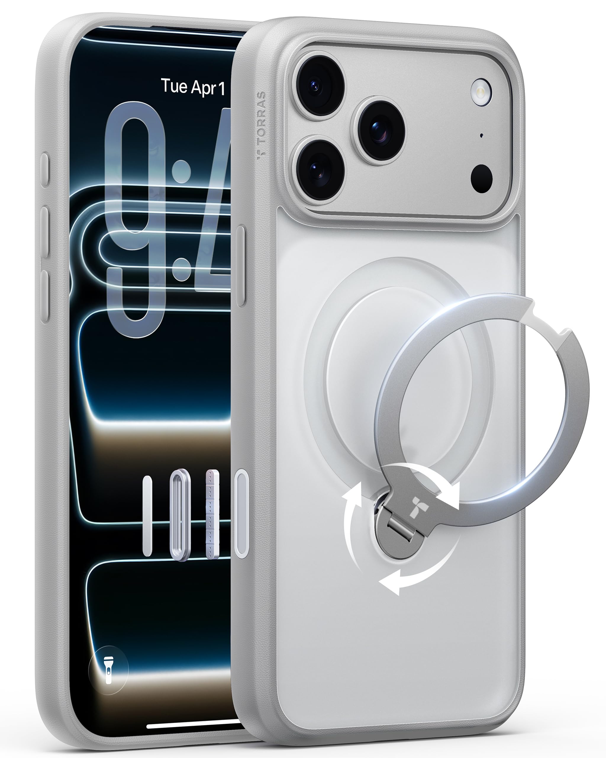 Photo 1 of TORRAS Q3 Spin for iPhone 17 Pro Max Case with 360 Magnetic Stand, Fit for MagSafe, Camera Control, 4X Military-Grade Shockproof Case for iPhone 17 Pro Max Phone Case with Stand, Mist Grey