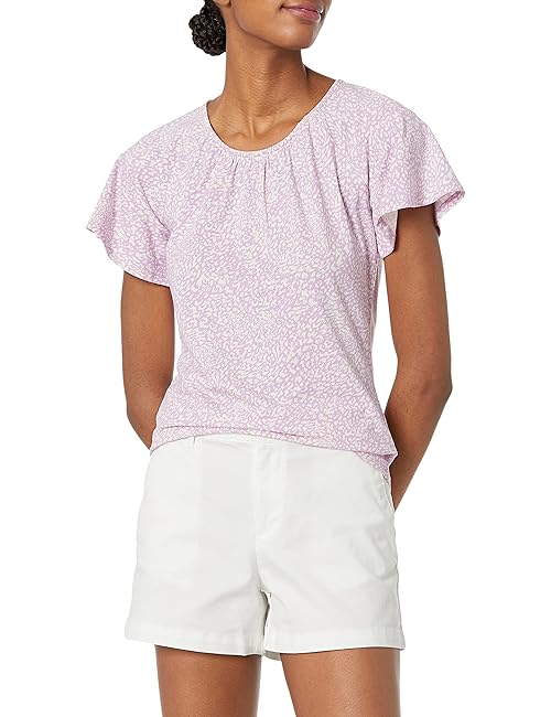 Amazon Essentials Women's Regular-Fit Cape Sleeve Open Crewneck T-Shirt, Lilac Animal, Large