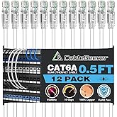 CableGeeker Cat6A Ethernet Patch Cable 0.5ft-12Pack White, High-Speed 10Gpbs, 550MHz Slim Patch Cables, 28AWG Flexiable Netwo