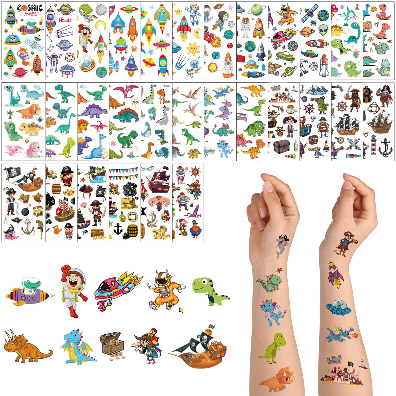 ACWOO Temporary Tattoo for Kids, 30 Sheets Animal Dinosaur & Pirate & Space Cartoon Tattoo, 390+ Patterns Mixed Style Temporary Tattoo Stickers, Waterproof Fake Tattoo for Birthday Party Bag Filler