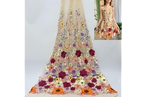 Primst 51.2" Width Flower Colorful Embroidered Lace Trim 3D Appliqué Embroidery Lace Fabric for DIY Handmade Clothing Evening Dress Home Decoration (Apricot)