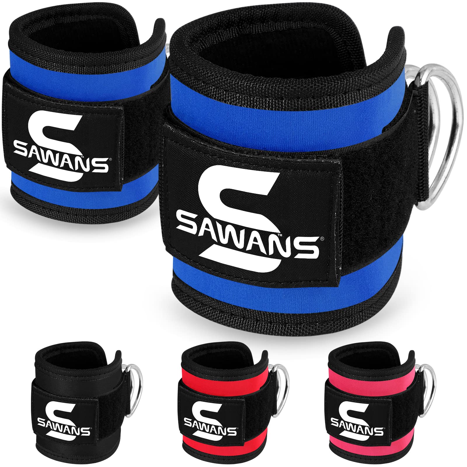 SAWANS Ankle Straps for Cable Machine Attachments Gym Ankle Cuffs with Neoprene Padding Adjustable Glute Kickback Workouts Booty Hip Abductors Leg Curls Exercise for Men and Women (Blue 2Pcs)