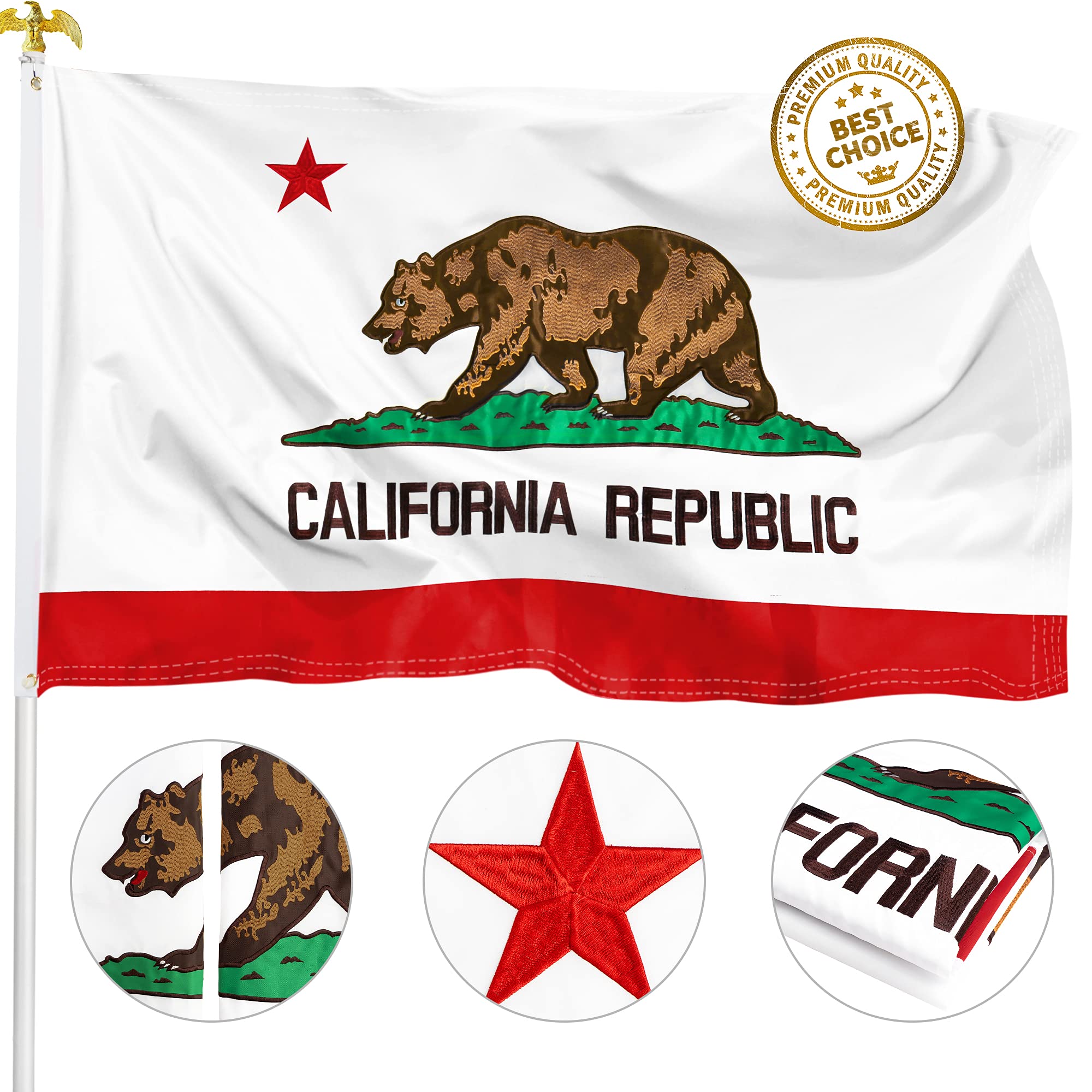 Photo 1 of XIFAN Premium California State Flag 4x6 - Embroidered Heavy Duty 300D Nylon Strongest Longest Lasting - CA Republic Bear Flag Outdoor - Vibrant Print Waterproof