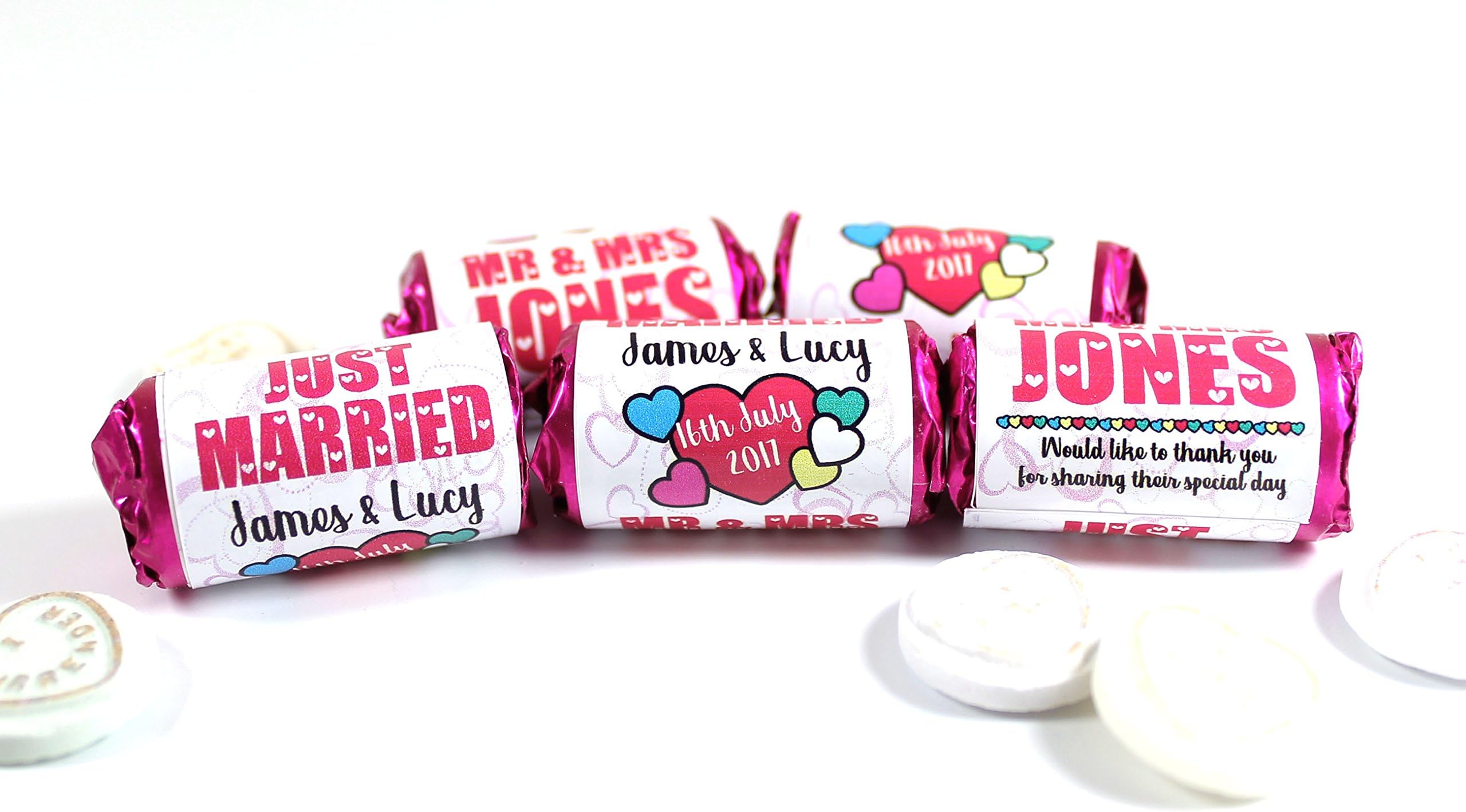 x100 Rolls Personalised mini love hearts wedding favours Just Married for guests gift thank you table favours. Each roll contains 7 individual sweets Suitable for Vegetarians (100)