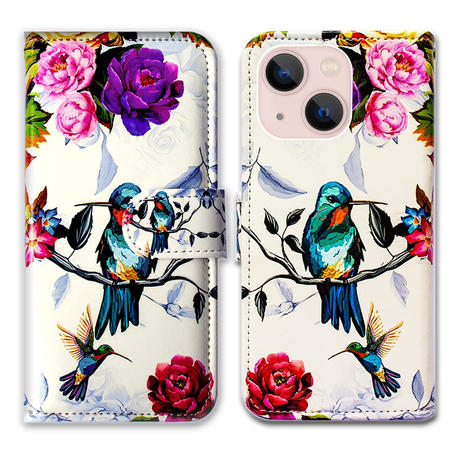 Bcov iPhone 14 Case, Hummingbird In Flowers Bird Leather Flip Phone Case Wallet Cover with Card Slot Holder Kickstand For iPhone 14 โ image 1