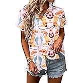 Western Button Up Shirts Women Retro Cowgirl Shirt Rodeo Tops Hawaiian Summer Vacation Short Sleeve Top Blouses