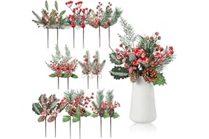Cindeer 16 Pieces Christmas Artificial Pine Picks, 11 Inch Assorted Red Fruit Floral Picks Stems Berry Holly Berry Branches Pine Picks and Sprays for Xmas Floral Tree Christmas Wreath Winter Holiday