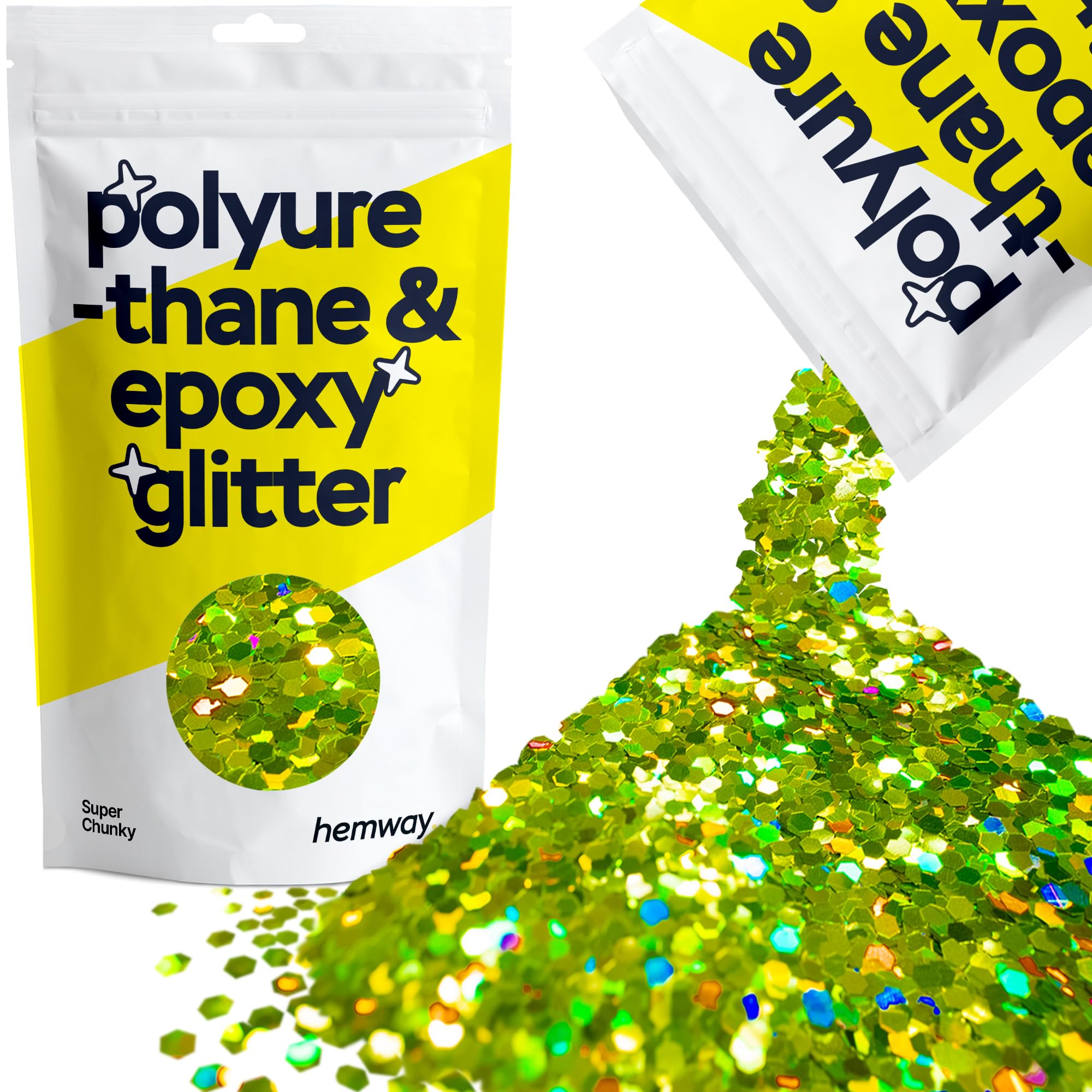 Hemway Resin Glitter Lime Green Holographic 100g Super Chunky | Polyurethane & Epoxy Glitter for Resin Crafts, Tumblers, Coasters, Floor & Table Art