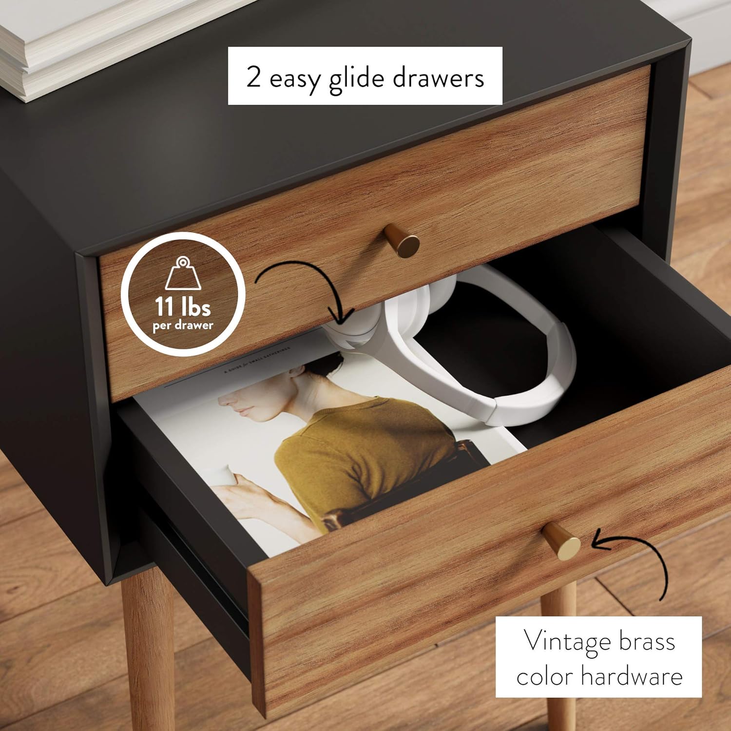 Nathan James Harper Mid-Century Side Table, 2-Drawer Wood Nightstand, Black/Brown: Furniture & Decor