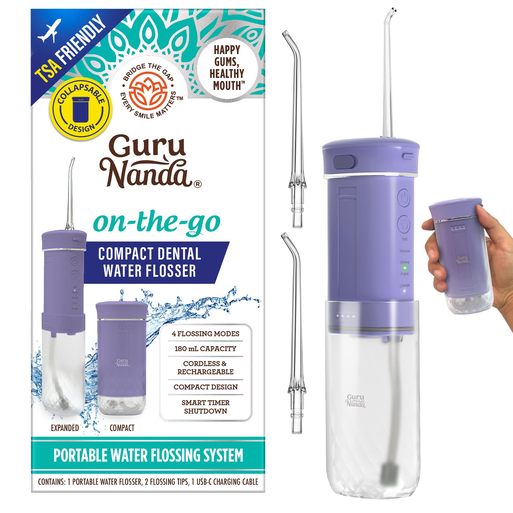 Photo 1 of GuruNanda Compact Water Dental Flosser, Portable Travel Size Oral Irrigator Flosser with Collapsible 180 ml Tank, Smart Timer, 4 Flossing Modes, TSA-Approved - Lavender