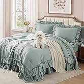 AMBERSPACE Queen Comforter Set Sage Green, Ruffle Shabby Chic Bedding Set Farmhouse 7 Pieces, All Season Fluffy Bed in a Bag with Sheets, Pillowcases & Shams