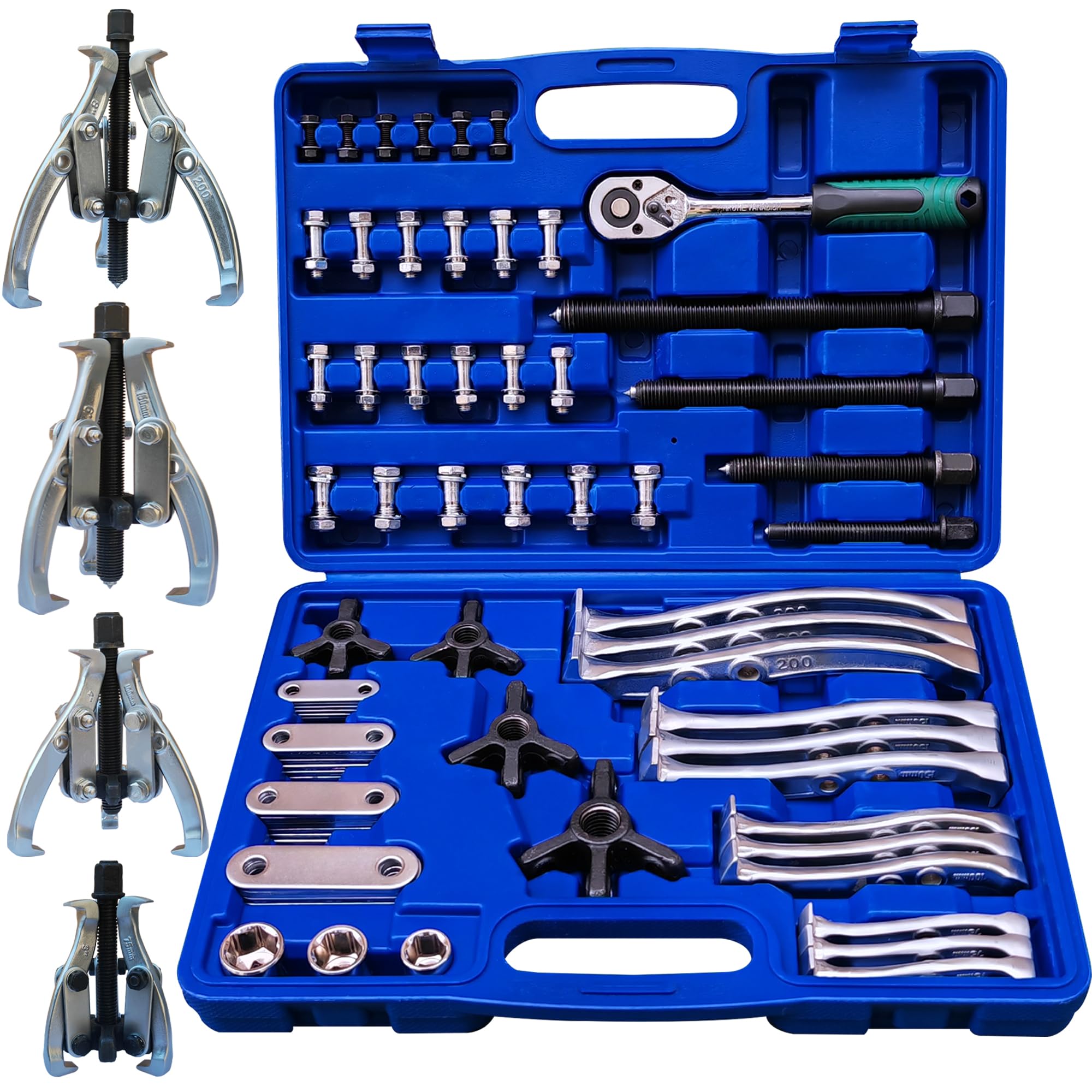 Photo 1 of HQSSWUCH 8 in 1 Gear Puller Set, 3" 4" 6" 8" Bearing Pulley Puller Kit, Cr-V Steel 2 Jaw & 3 Jaw Gear Puller with Reversible Jaws, 72Pcs Puller Tool Set, for Bearing Gear Pulley Flywheel Removal