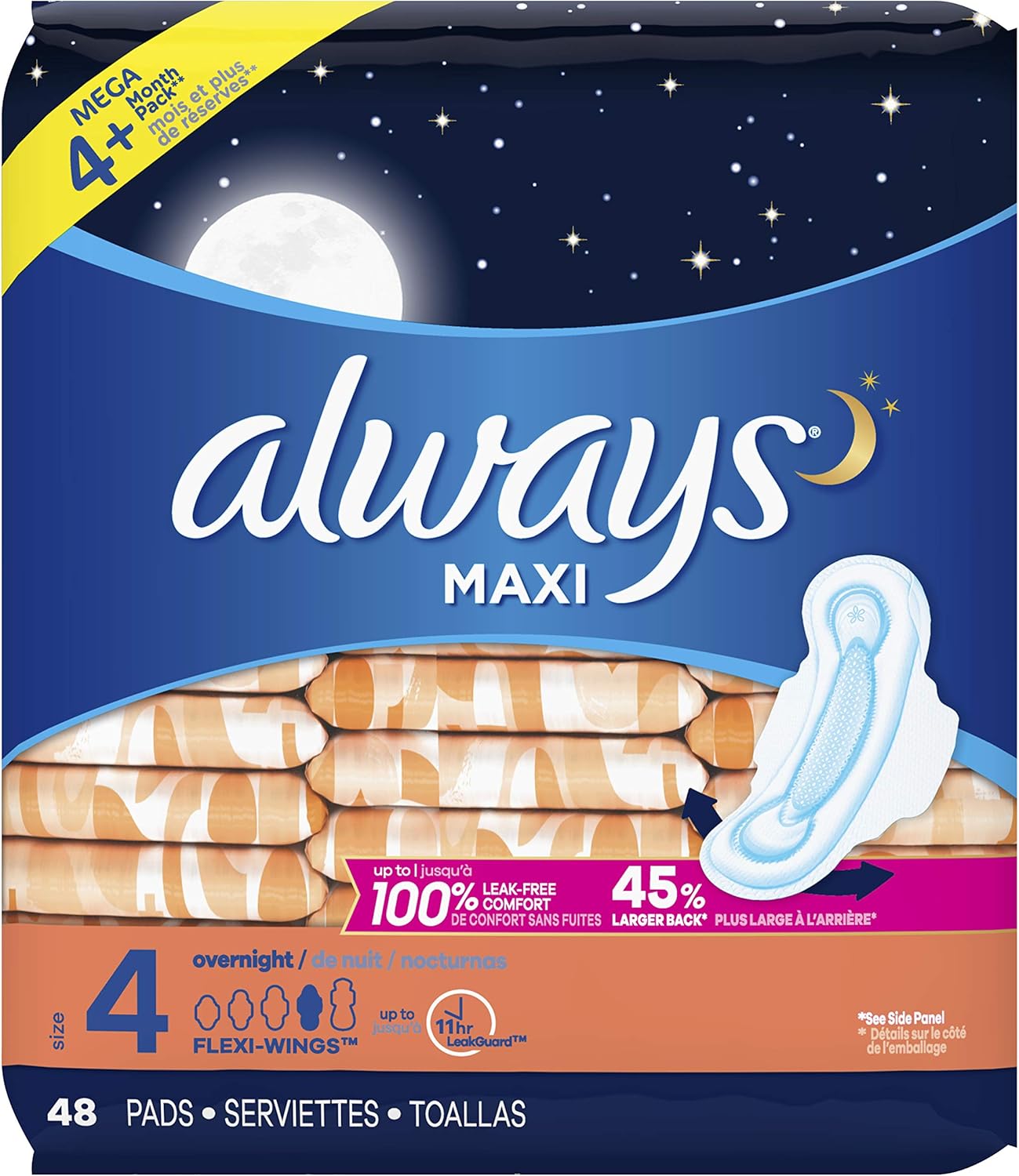 Always Maxi Size 4 Overnight Pads with Flexi-Wings Flexible Wings, Unscented, 48 Count: Health & Personal Care