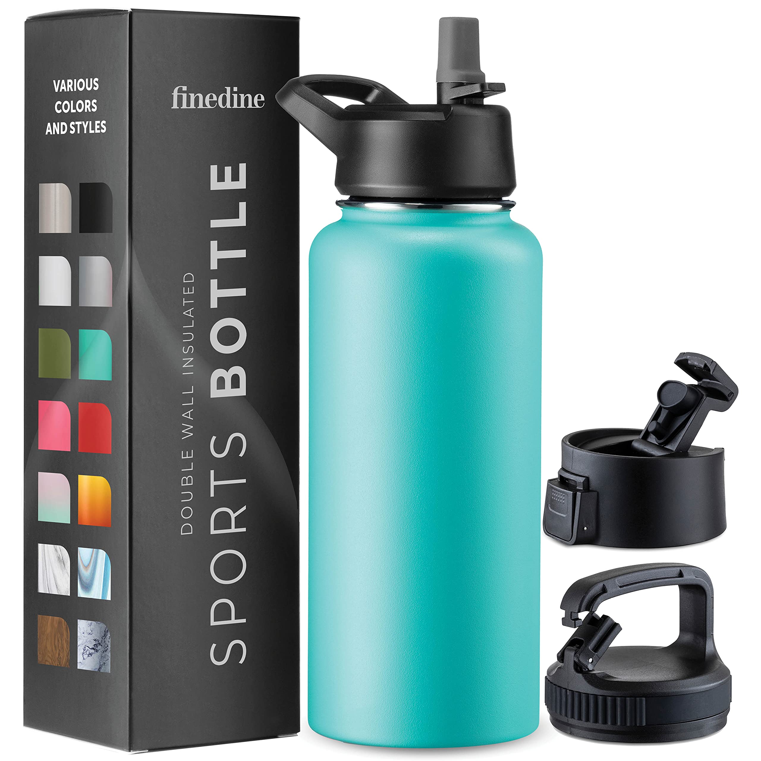 FineDine Triple Walled, Insulated Water Bottles with Straw - 32 Oz Stainless Steel Metal Bottle W/ 3 Leak Proof Lids - For Travel, School, Sports, Gym / Men, Women & Kids - Cheery Turquoise