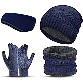 Ski Winter Hat Scarf Gloves Set for Men, Knit Beanie Hat Neck Warmer Scarf Touch Screen Gloves and Ear Warmer