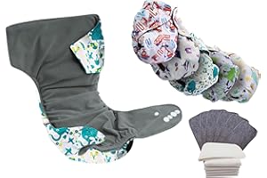 Babybamboo 5 Eco-Friendly Printed Cloth Diapers + 5 Four-Layer Microfiber Inserts, Bamboo Fiber Inner Adjustable Washable Reusable Nappies for Baby - Fiber Inner Cloth Diaper for Boys (White and Gray)