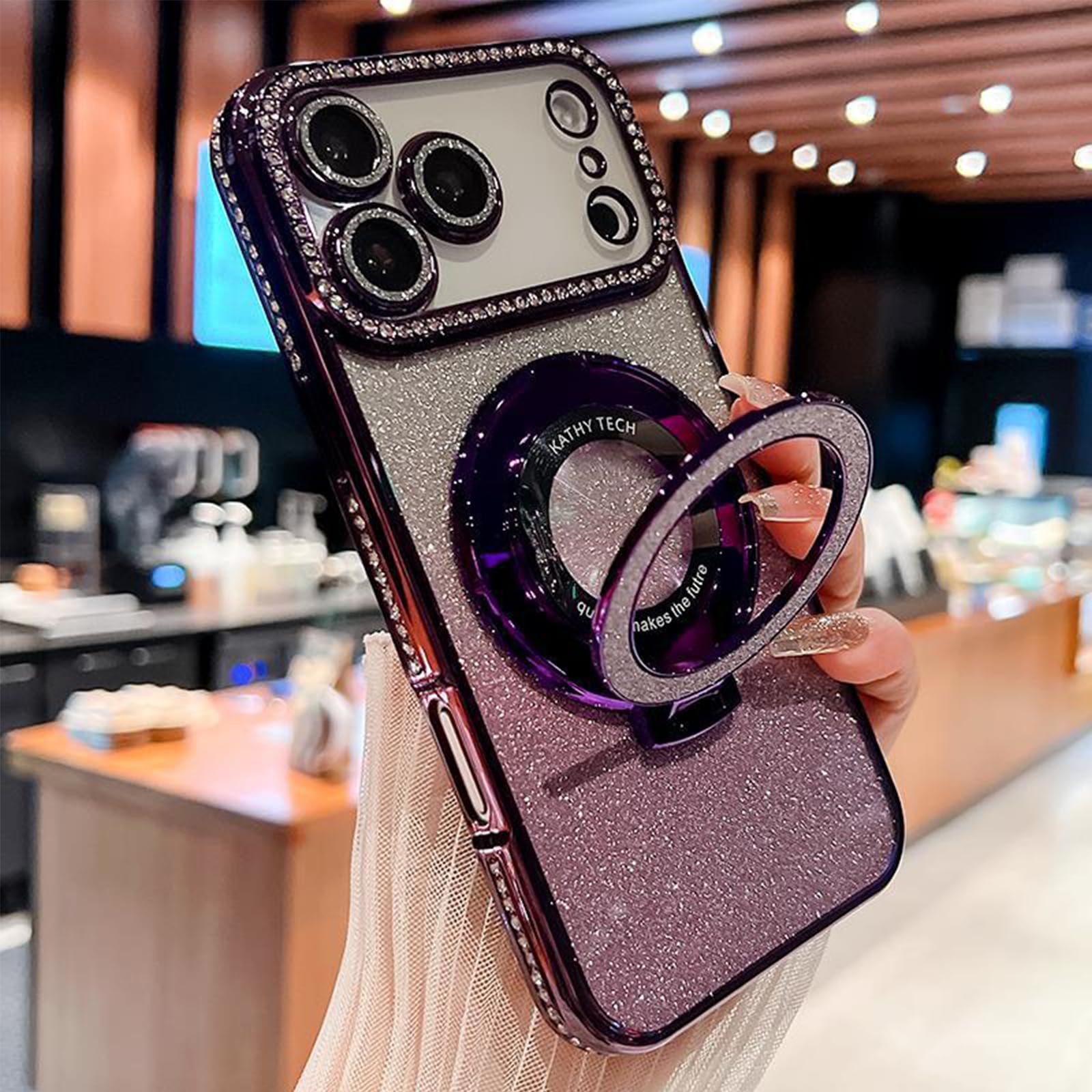 Glitter Diamond Magnetic Case for iPhone 17 Pro Max Clear [DIY Glitter Cardstock] 17 Pro Max Case with Sparkly Stand Ring Women Girls Cute Bling Luxury Shiny Shockproof Protective Cover 6.9", Purple