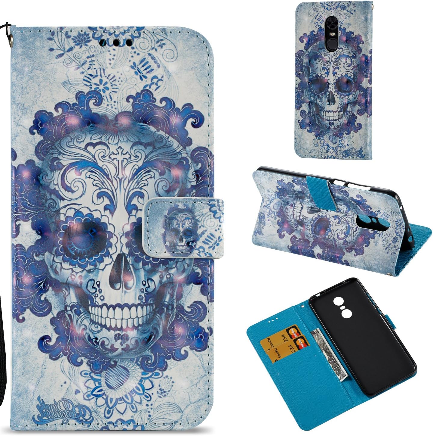 Xiaomi Redmi Note 5 Case,Redmi 5 Plus Case,PU Leather Wallet Folio Heavy Duty Protection Phone Cover with Credit Card Slot WristStrap Magnetic Closure Kickstand Accessories Ghost Skull