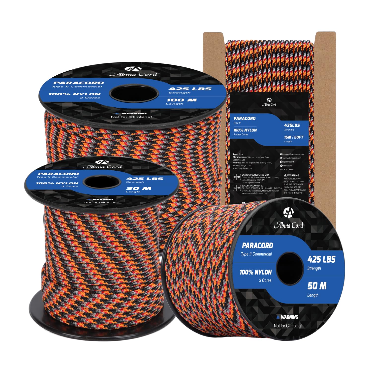 Abma Cord Paracord 3mm 50m 100% Nylon Rope Type II 3 Strands Parachute Cord - Max. 192kg (425lbs) - Summer Sunrise (Lava)