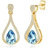 Austrian Crystal Halo Teardrop Hollow Drop Stud Earrings for Women 14K Rose Gold Plated Hypoallergenic Jewelry