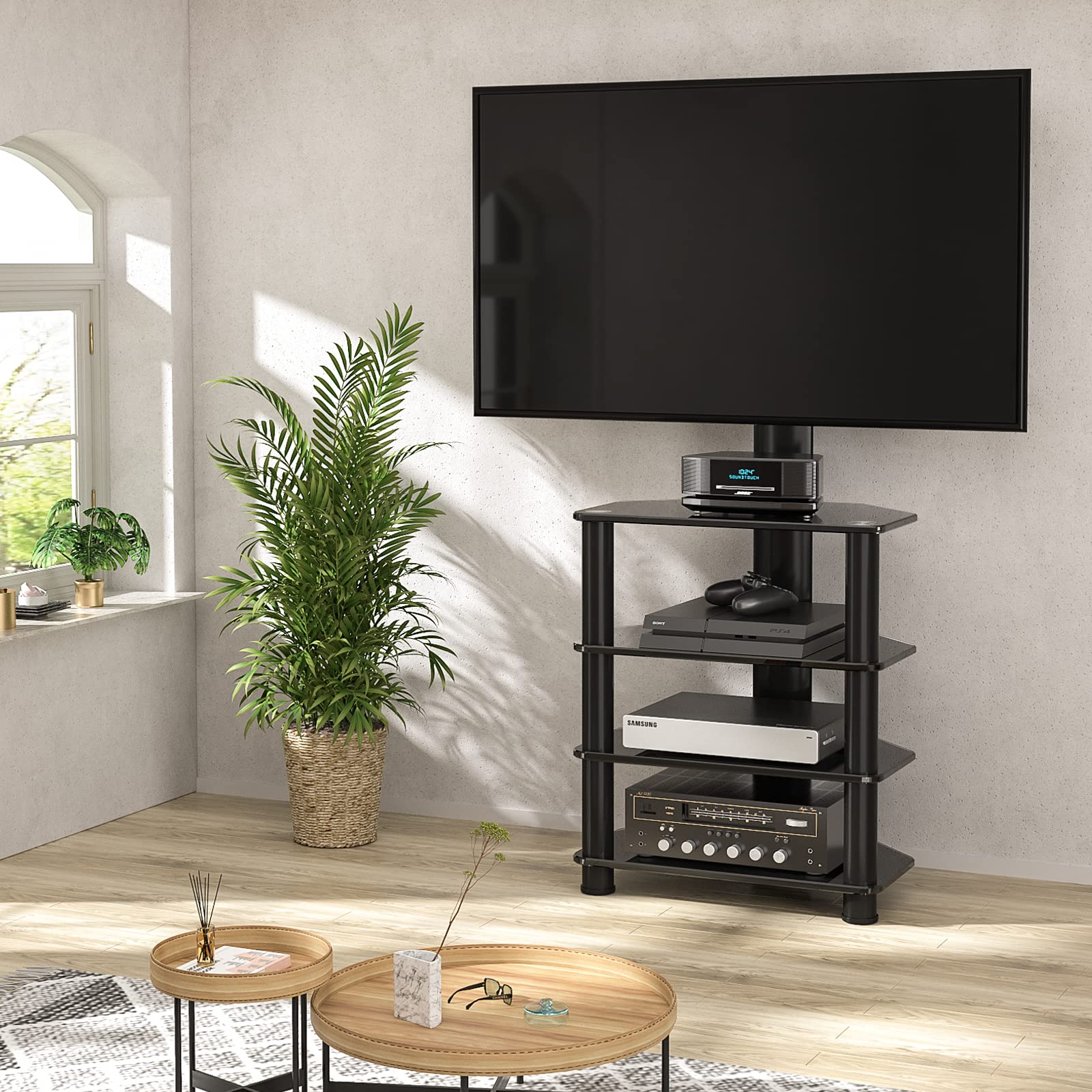 TAVR Furniture 4-Tiers Media Component TV Stand with Swivel Mount Audio Shelf and Height Adjustable Bracket, Black Floor TV Stand for 32-70 Inch LCD LED OLED Flat/Curved Screen TVs