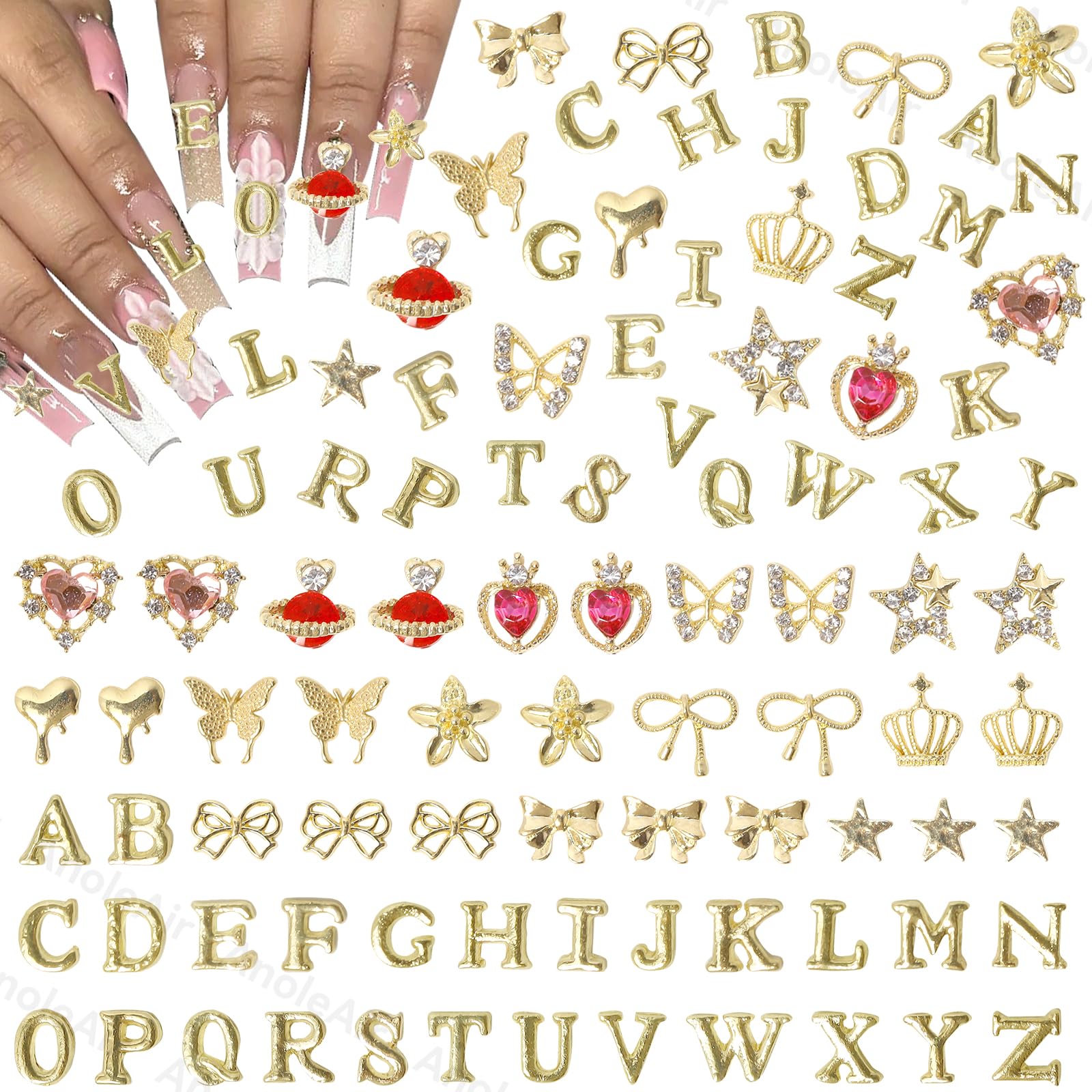 Photo 1 of 142 Pcs Gold A-Z Letter Nail Charms, Alloy Alphabet Words Nail Charm, Crown Heart Butterfly Bows Star Nail Gems Charms, Gold Flower Heart Alloy Nail Charm for Acrylic Nail Art Women DIY Accessories