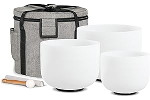 CVNC Set of 3 PCS 440HZ 6" A Note 8" F Note and 10" C Note Frosted Chakra Quartz Crystal Singing Bowl with Carry Case Bag for Sound Healing Meditation