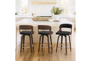 Cozyman 26" Counter Height Bar Stools, Mid Century Bar Stools with Solid Back, Barstools with Walnut Finish and Faux Leather Seat, 360-degree Swivel Bar Stools Set of 3, Black
